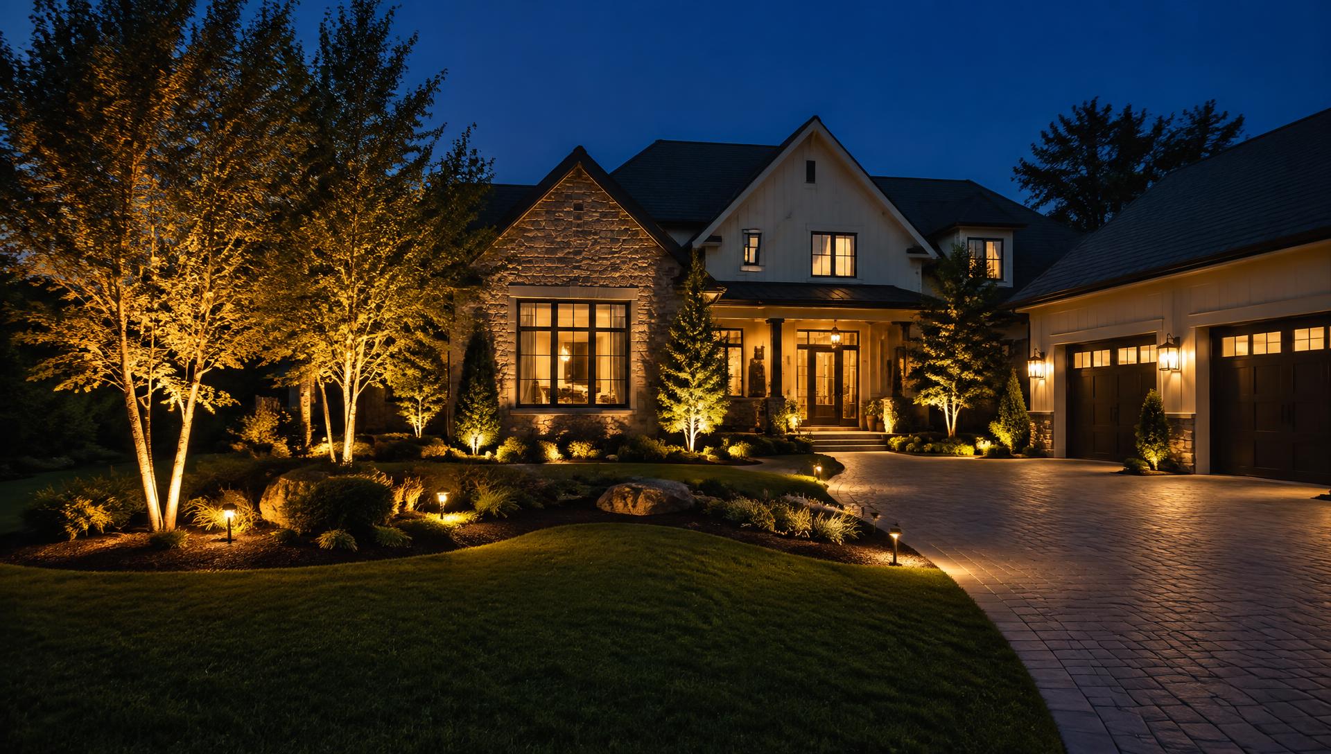 Home exterior at night lit with warm outdoor landscape lighting